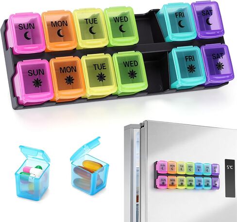 Zentiky Magnetic Pill Organizer for Fridge - AM PM Pill Organizer 2 Times a Day,Magnetic Weekly Pill Organizer 7 Day Medicine Pill Case for Daily Supplement,Vitamins,Medication in Saudi Arabia