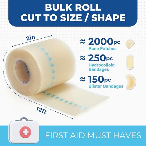 Hydrocolloid Roll for Wound Care, 2in x 12ft, Medical Grade Hydrocolloid Bandages, Pimple Patch Roll, Colloidal Dressing Tape for Acne, Blister, Burn, Scrapes, Cut to Size, Waterproof, Large in Kuwait