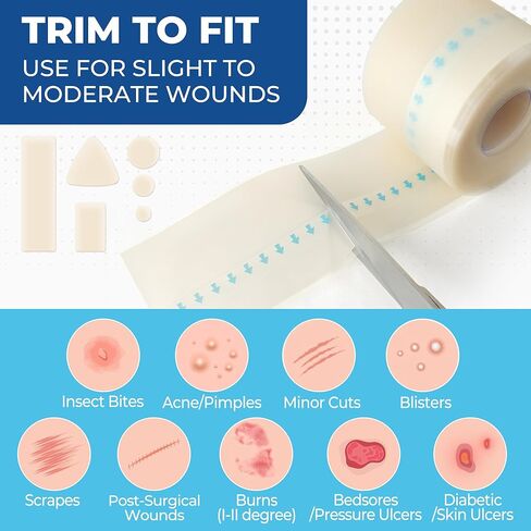 Hydrocolloid Roll for Wound Care, 2in x 12ft, Medical Grade Hydrocolloid Bandages, Pimple Patch Roll, Colloidal Dressing Tape for Acne, Blister, Burn, Scrapes, Cut to Size, Waterproof, Large in Kuwait