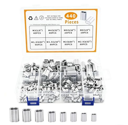 440pcs Aluminum Wire Rope Sleeves Kit, 8 Sizes (3/64" to 1/4") – Rustproof Double Ferrules for Cable Crimping, Secure Loop Clamping for DIY, Outdoor Repair, Includes Storage Case in Saudi Arabia
