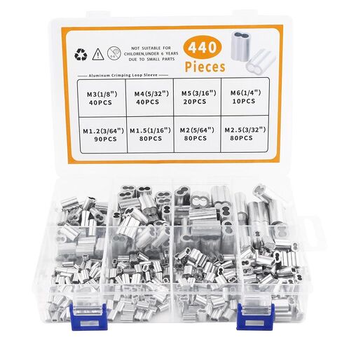440pcs Aluminum Wire Rope Sleeves Kit, 8 Sizes (3/64" to 1/4") – Rustproof Double Ferrules for Cable Crimping, Secure Loop Clamping for DIY, Outdoor Repair, Includes Storage Case in Saudi Arabia