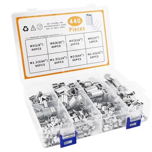 440pcs Aluminum Wire Rope Sleeves Kit, 8 Sizes (3/64" to 1/4") – Rustproof Double Ferrules for Cable Crimping, Secure Loop Clamping for DIY, Outdoor Repair, Includes Storage Case in Saudi Arabia