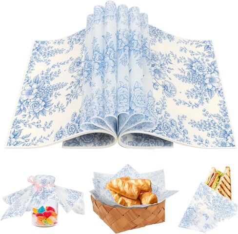 CCINEE 150pcs Blue Floral Wax Paper Sheet for Food Wrapping Chinoiserie Flower Greaseproof Sandwich Wrapping Paper for Picnic Basket Liner Party Kitchen Supplies, 8.7 x 9.8 inch in Saudi Arabia
