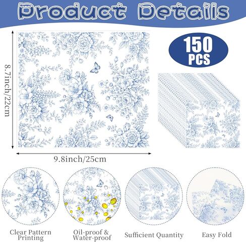 CCINEE 150pcs Blue Floral Wax Paper Sheet for Food Wrapping Chinoiserie Flower Greaseproof Sandwich Wrapping Paper for Picnic Basket Liner Party Kitchen Supplies, 8.7 x 9.8 inch in Saudi Arabia