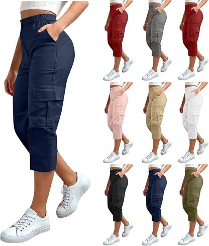 سروال نسائي Cargo Capris خفيف الوزن للمشي لمسافات طويلة مع جيوب، سروال قصير عالي الخصر، ملابس فضفاضة غير رسمية للمشي لمسافات طويلة in Kuwait
