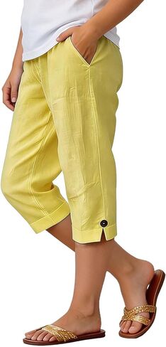 Girls' Linen Capri Pants Straight Leg Casual Capris Summer Kids Elastic Waist Loose Cropped Trousers with Pockets 3-14Y in Saudi Arabia