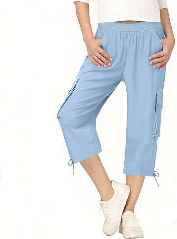 الفتيات عارضة البضائع Capris الكتان الصيف مرونة الخصر لينة المشي لمسافات طويلة السراويل قابل للتعديل أسفل السراويل المحاصيل خفيفة الوزن in Kuwait