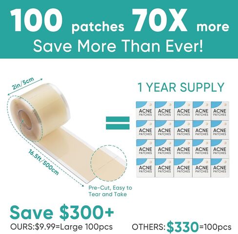 2in x 16.5ft Hydrocolloid Roll,100 Pcs Pre-Cut Pimple Patches Roll, Cut-to-Size Hydrocolloid Acne Patches for Face & Body, Vegan, Cruelty-Free & Invisible, Zit Covers for Chin, Back, Forehead in Saudi Arabia