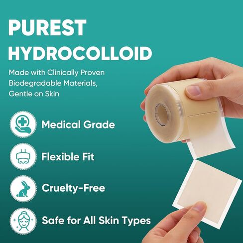 2in x 16.5ft Hydrocolloid Roll,100 Pcs Pre-Cut Pimple Patches Roll, Cut-to-Size Hydrocolloid Acne Patches for Face & Body, Vegan, Cruelty-Free & Invisible, Zit Covers for Chin, Back, Forehead in Saudi Arabia