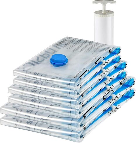 Amazon Basics Vacuum Storage Bags for Clothes, Space Saving Compression Storage Bags with Hand Pump, Heavy Duty, Stackable, Jumbo Size, Clear, 6-Pack in Kuwait