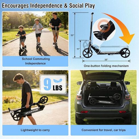 Scooter for Age 6+, Folding Kick Scooters for Kids 8-12,Teens, Adults up to 250Lbs,3 Adjustable Heights, Rear Brake, Wide Antislip Deck, Lightweight Scooter for Boys Girls in Saudi Arabia