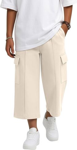 Boys' Cargo Capri Pants Baggy Wide Leg Shorts Elastic Waist Sweatpants Teen Kids Cropped Joggers with Pockets in Saudi Arabia