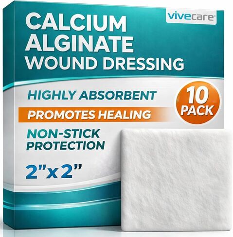 ViveCare Calcium Alginate Wound Dressing 2" x 2" (10 Pack)- Individually Wrapped, Sterile Gauze Pads - Absorbent Patches for Ulcer, Bed Sore, G Tube, & Diabetic Foot - Non-Stick Burn Treatment in Saudi Arabia