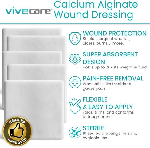 ViveCare Calcium Alginate Wound Dressing 2" x 2" (10 Pack)- Individually Wrapped, Sterile Gauze Pads - Absorbent Patches for Ulcer, Bed Sore, G Tube, & Diabetic Foot - Non-Stick Burn Treatment in Saudi Arabia