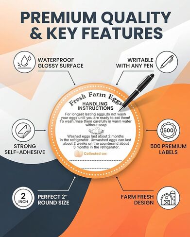 500 Pcs Farm Fresh Egg Labels, 2 Inch Round Egg Carton Stickers with Storage Guide & Writable Date, Self-Adhesive Packaging Decals for Small Farm, Farmers Market and Backyard Chicken in Saudi Arabia