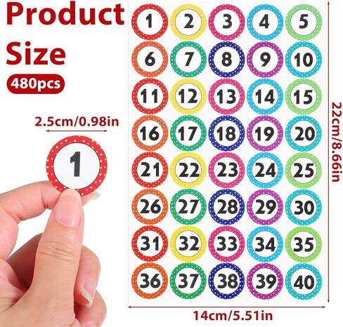 ملصقات أرقام مقاس 1 بوصة 1-40، ملصقات أرقام صغيرة للفصل الدراسي، ملصقات مرقمة مستديرة ملونة متتالية للتخزين، منظمة داخلية وخارجية، ملصقات ذاتية اللصق مقاومة للماء (12 ورقة /480 قطعة) in Kuwait
