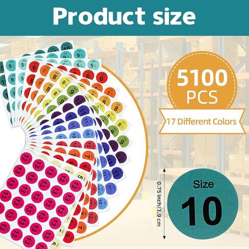 5100 Pcs Round Shoe Size Labels - 0.75 Inch Multi Colors Shoe Retail Stickers, 5 to 13 Measurement Sizing Stickers for Footwear Inventory, and Organization in Saudi Arabia