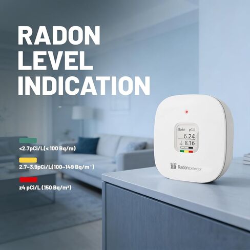 Radon Detector for Home, Office, Workplace, Hello Radon S, E-Ink Display, Alpha Spectrometer Sensor, 2-Year Battery Life, Wall Mounted & Free Standing, PCi/L & Bq/m³ Units Switchable in Saudi Arabia