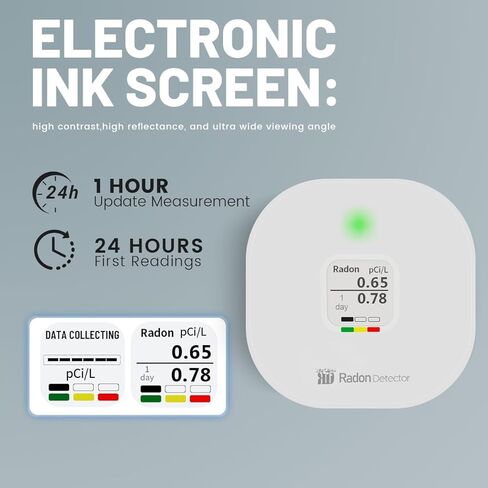 Radon Detector for Home, Office, Workplace, Hello Radon S, E-Ink Display, Alpha Spectrometer Sensor, 2-Year Battery Life, Wall Mounted & Free Standing, PCi/L & Bq/m³ Units Switchable in Saudi Arabia