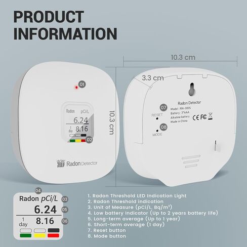 Radon Detector for Home, Office, Workplace, Hello Radon S, E-Ink Display, Alpha Spectrometer Sensor, 2-Year Battery Life, Wall Mounted & Free Standing, PCi/L & Bq/m³ Units Switchable in Saudi Arabia