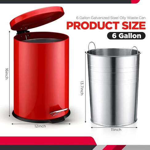 Geetery 6 Gallon Galvanized Steel Oily Waste Can 16" x 12" Red Metal Waste Container Safety Can with Galvanized Steel Liner, Foot Operated Self-Closing Lid for Flammable Solvents/thinners/Oil Rags in Saudi Arabia