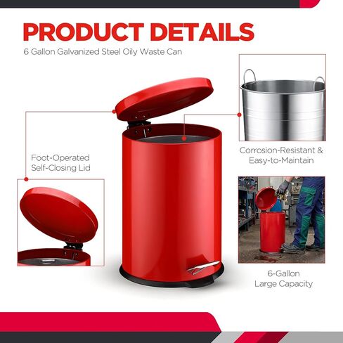Geetery 6 Gallon Galvanized Steel Oily Waste Can 16" x 12" Red Metal Waste Container Safety Can with Galvanized Steel Liner, Foot Operated Self-Closing Lid for Flammable Solvents/thinners/Oil Rags in Saudi Arabia