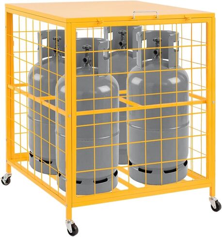 Propane Tank Storage Cage 4 Cylinder, Heavy Duty Powder Coated Steel with Yellow Finish, Expanded Metal Mesh for Leak Prevention & Quick Inspection, Mobile with 4 Swivel Casters (2 Locking Brakes) in Saudi Arabia