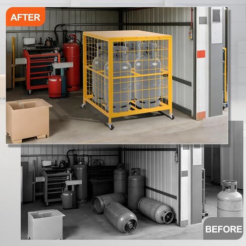 Propane Tank Storage Cage 4 Cylinder, Heavy Duty Powder Coated Steel with Yellow Finish, Expanded Metal Mesh for Leak Prevention & Quick Inspection, Mobile with 4 Swivel Casters (2 Locking Brakes) in Saudi Arabia