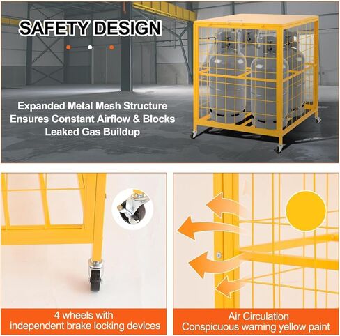 Propane Tank Storage Cage 4 Cylinder, Heavy Duty Powder Coated Steel with Yellow Finish, Expanded Metal Mesh for Leak Prevention & Quick Inspection, Mobile with 4 Swivel Casters (2 Locking Brakes) in Saudi Arabia