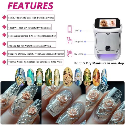 Nail Art Printer Machine 4800dpi with Custom Photo Printing - 3000+ Built-in Patterns, Automatic Nail Printer, Fast 30 Seconds Printing, UV Curing /5-inch Touch Screen, Beginner-Friendly in Saudi Arabia