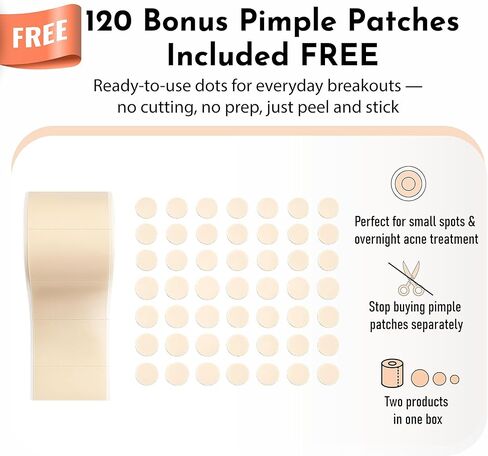 Extra Large Hydrocolloid Roll 2" x 20ft with Easy-Tear Perforations + 120 Precut Pimple Patches – Hydrocolloid Bandage Tape, Ultra Absorbent, Water Proof, Wound Care, Hydrocolloid Dressing in Saudi Arabia
