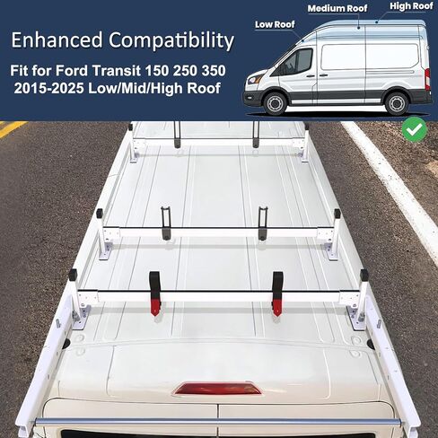 رف سلم سقف شاحنة البضائع مناسب لـ 2015-2023 Ford Transit 150 250 350 مع بكرة شحن خلفية 750LB فولاذ أبيض in Kuwait