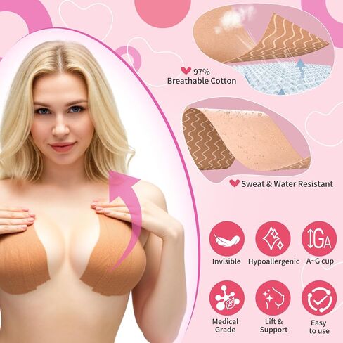 MKsoul Boob Tape for Large Breasts with 4 Pcs Nipple Covers, Invisible,waterproof, A-G Cup, Beige, 3 in in Saudi Arabia