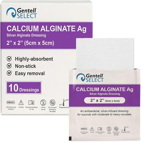 ضمادة جروح ألجينات الكالسيوم الفضية من AG، مقاس 2 × 2 بوصة - 10 وسادات معقمة وغير لاصقة وعالية الامتصاص لإفرازات الجروح - جيدة للقرحة والتمزقات والسحجات والحروق الطفيفة in Kuwait