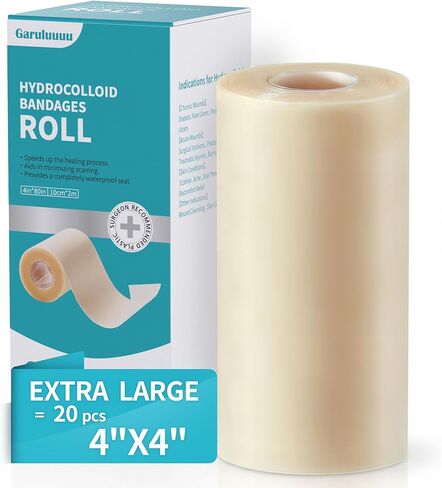 لفافة ضمادات غرواني مائي مقاس 4 × 80 بوصة، لفافة غرواني مائي للعناية بالجروح، 20 قطعة ضمادات رفيعة للغاية مقاس 4 × 4 بوصة مع لاصق ذاتي (قص حسب الحجم)، تضميد جروح غرواني مائي، معقمة ومقاومة للماء in Kuwait