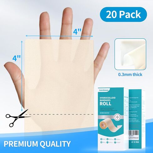 لفافة ضمادات غرواني مائي مقاس 4 × 80 بوصة، لفافة غرواني مائي للعناية بالجروح، 20 قطعة ضمادات رفيعة للغاية مقاس 4 × 4 بوصة مع لاصق ذاتي (قص حسب الحجم)، تضميد جروح غرواني مائي، معقمة ومقاومة للماء in Kuwait