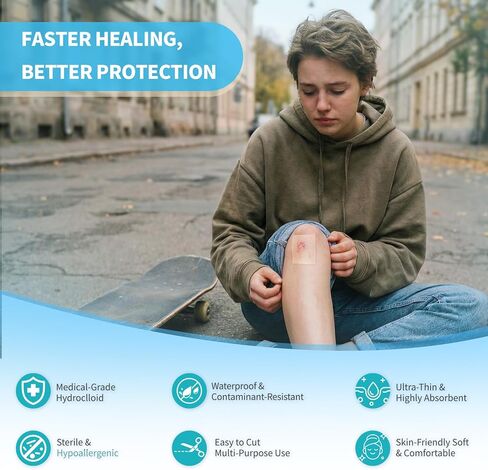 لفافة ضمادات غرواني مائي مقاس 4 × 80 بوصة، لفافة غرواني مائي للعناية بالجروح، 20 قطعة ضمادات رفيعة للغاية مقاس 4 × 4 بوصة مع لاصق ذاتي (قص حسب الحجم)، تضميد جروح غرواني مائي، معقمة ومقاومة للماء in Kuwait