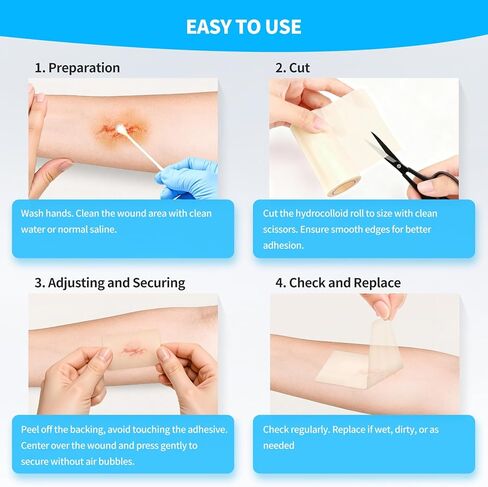 لفافة ضمادات غرواني مائي مقاس 4 × 80 بوصة، لفافة غرواني مائي للعناية بالجروح، 20 قطعة ضمادات رفيعة للغاية مقاس 4 × 4 بوصة مع لاصق ذاتي (قص حسب الحجم)، تضميد جروح غرواني مائي، معقمة ومقاومة للماء in Kuwait
