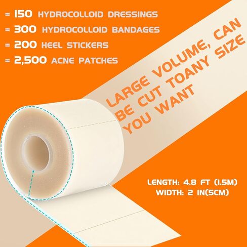 Hydrocolloid Roll Bandage with Pre-Cut 2"x2" Patches - Waterproof & Hypoallergenic for Sensitive Skin - Clear Self-Adhesive Wound Dressing for Acne, Blisters, Burns - 2IN x 4.8FT in Saudi Arabia