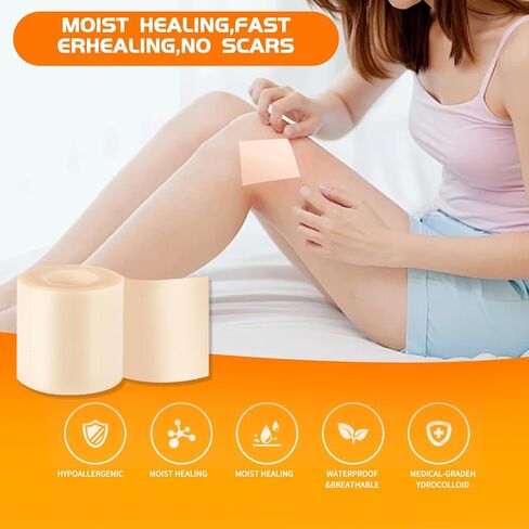 Hydrocolloid Roll Bandage with Pre-Cut 2"x2" Patches - Waterproof & Hypoallergenic for Sensitive Skin - Clear Self-Adhesive Wound Dressing for Acne, Blisters, Burns - 2IN x 4.8FT in Saudi Arabia