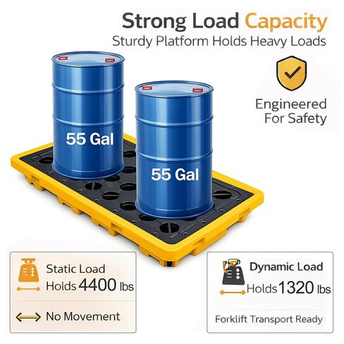 2 Drum Spill Containment Pallet, Fits Standard 55 Gallon Drums, 20 Gallon Sump Capacity, 4400lb Static Load HDPE Spill Tray, Forklift Compatible Stackable Industrial Secondary Containment Platform in Saudi Arabia