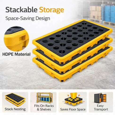 2 Drum Spill Containment Pallet, Fits Standard 55 Gallon Drums, 20 Gallon Sump Capacity, 4400lb Static Load HDPE Spill Tray, Forklift Compatible Stackable Industrial Secondary Containment Platform in Saudi Arabia