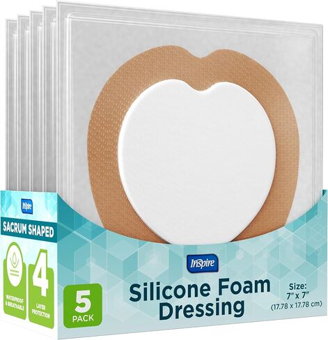 Inspire Sacral Silicone Foam Dressing Large Waterproof Bandages for Wounds, Burns & Bed Sores Safe for Sensitive Skin, Adhesive Pad Sacrum Dressings for Post-Surgery Wound Care (7 x 7 in) (10 Pack) in Saudi Arabia