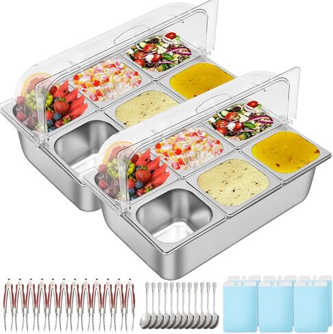 Countertop Food Display Container Ice Food Serving Tray 6 Pans Buffet Condiment Dispenser - Salad Dressing Appetizer Spice Fruit Cold Serving Station in Saudi Arabia