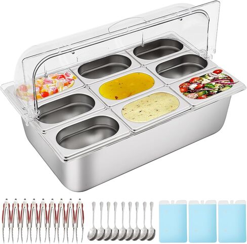 Countertop Food Display Container Ice Food Serving Tray 6 Pans Buffet Condiment Dispenser - Salad Dressing Appetizer Spice Fruit Cold Serving Station in Saudi Arabia