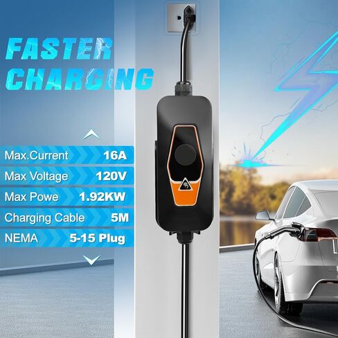 Portable EV Charger Level 1, 16Amp 120V, Vehicle Charger with 16.5FT Cable, NEMA 5-15 Plug, Compatible with SAE J1772 EVs, Scheduled Charging, Adjustable Current in Saudi Arabia