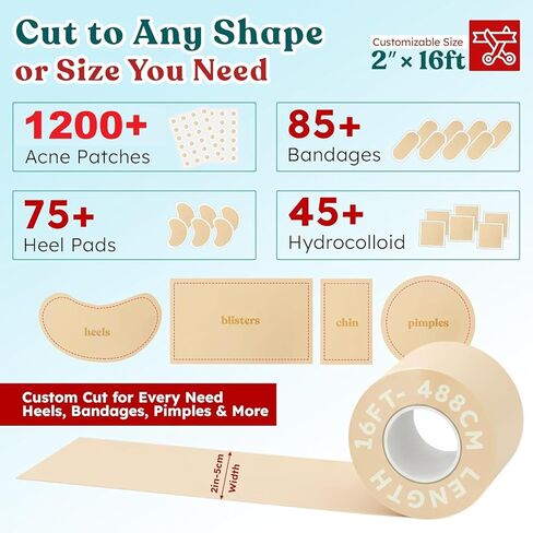 Pimple Patches - Cut-to-Size - Pimple Patch Roll (16 Feet x 2 Inch) Hydrocolloid Roll Bandages Medical Tape Wound Care & Acne Zits - Clear Large Self-Adhesive Ultra Absorbent Waterproof Bulk First Aid in Saudi Arabia
