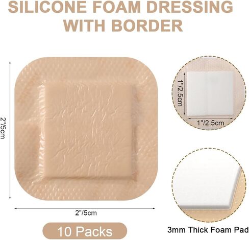 ضمادة إسفنجية من السيليكون مع حدود لاصقة 2 × 2 بوصة مقاومة للماء لتضميد الجروح، ضمادة ماصة من إسفنج السيليكون للعناية بالجروح، حدود لطيفة، 10 قطع in Kuwait