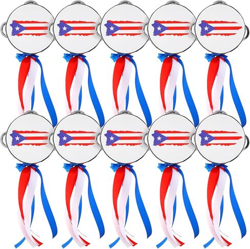 10 Pcs Mini Puerto Rico Tambourines Instruments 4 Inch Pandereta Panderos Pleneras for Puerto Rican Birthday Party Favors Tambourine Drums with Puertorico Flag for Party Decoration with Ribbon in Saudi Arabia