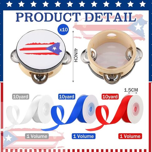 10 Pcs Mini Puerto Rico Tambourines Instruments 4 Inch Pandereta Panderos Pleneras for Puerto Rican Birthday Party Favors Tambourine Drums with Puertorico Flag for Party Decoration with Ribbon in Saudi Arabia